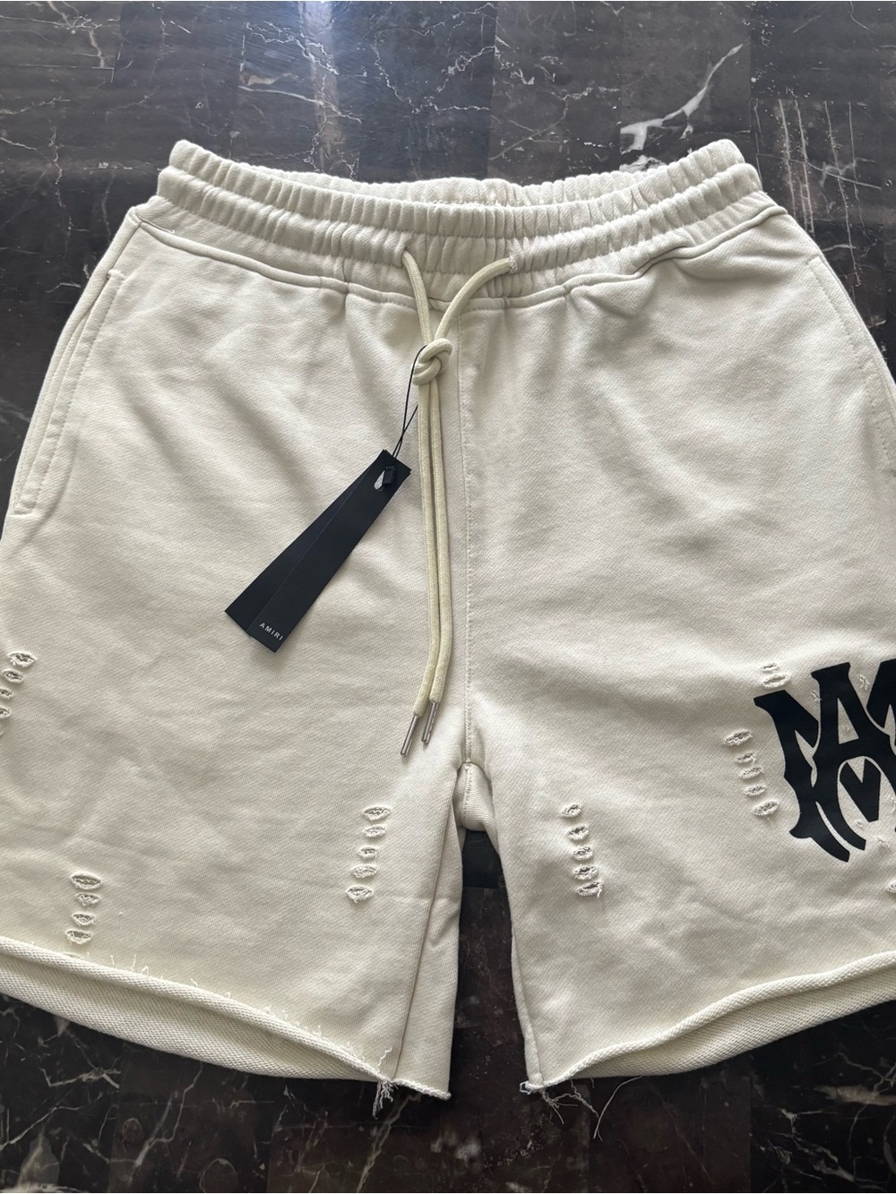Amiri Men's Cream Distressed Drawstring Shorts